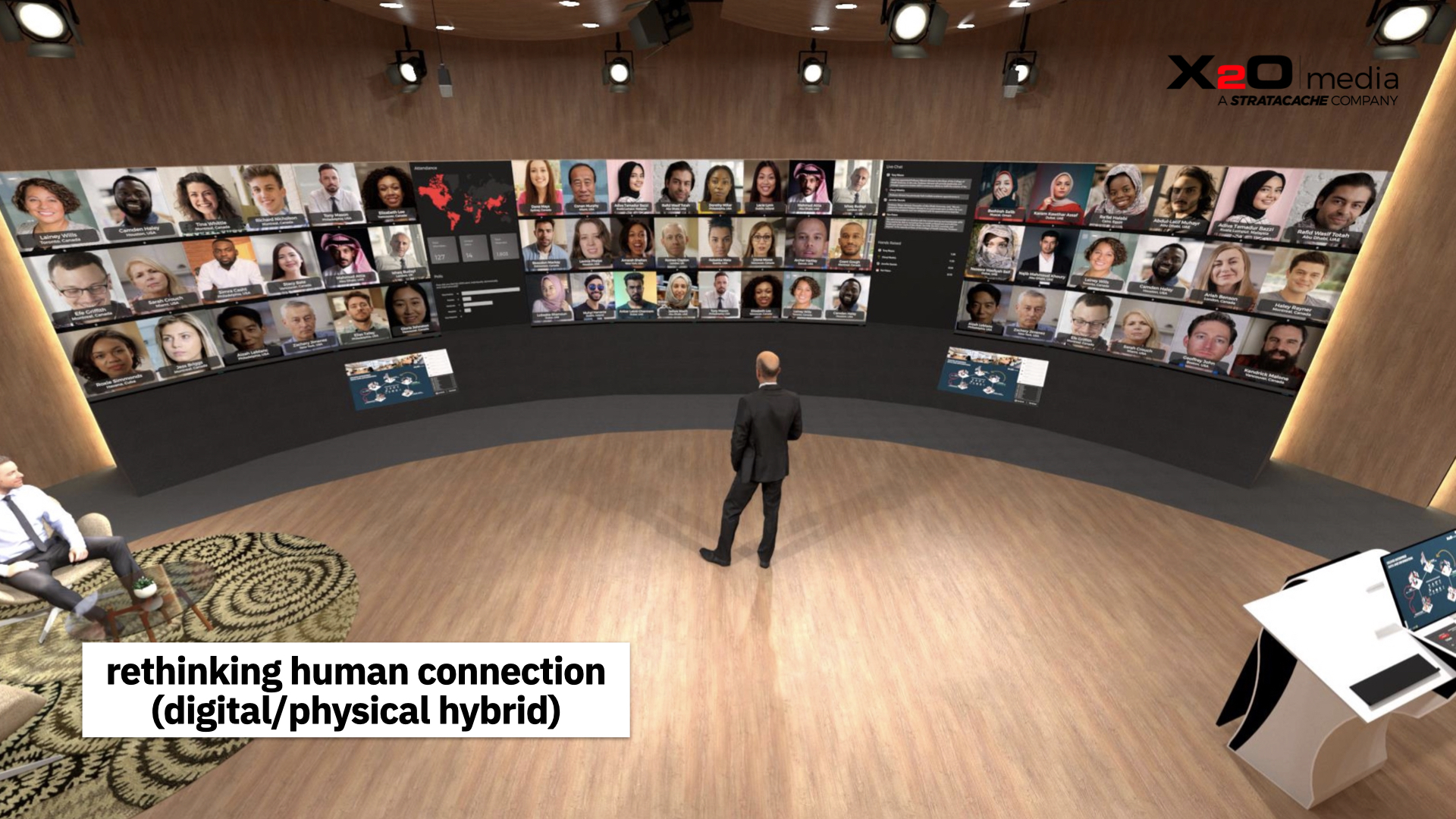 Man in Front of Multiple Displays of People | AVIXA Man in Front of Multiple Displays of People | AVIXA