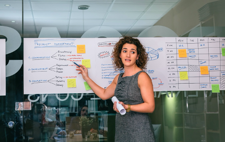 Project Management Best Practices Can Add Value to Digital Signage | AVIXA Image of instructor with project management diagrams on white board | AVIXA